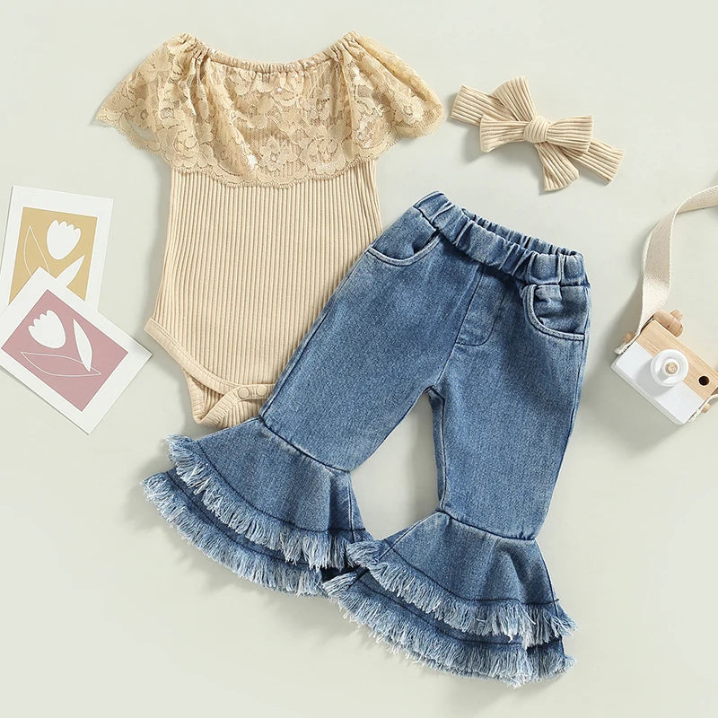 Baby Girls 3Pc Ribbed w/Lace Romper + Flare Pants + Headband Set