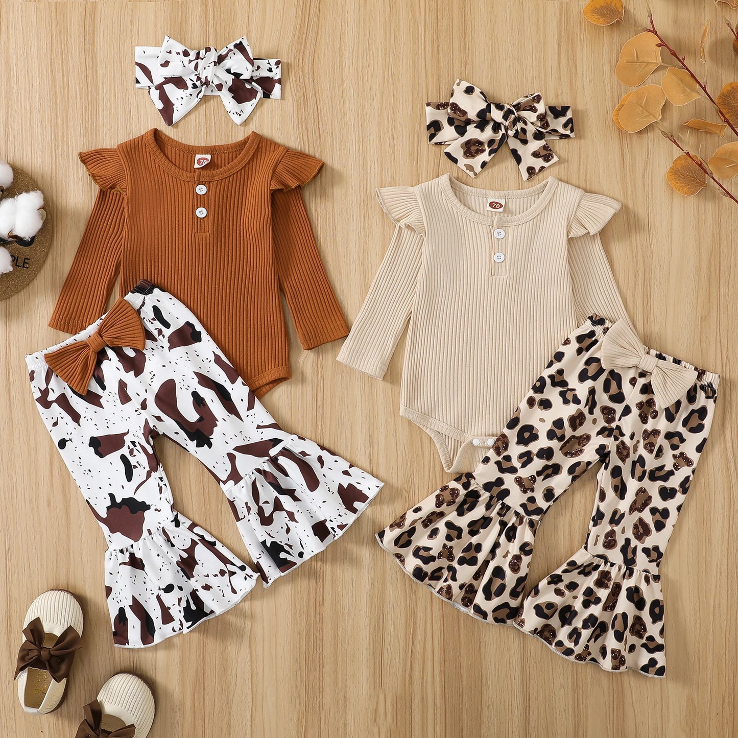 0M-12M Baby Girls Ribbed Ruffle Romper + Leopard/Cow Print Flare Pants