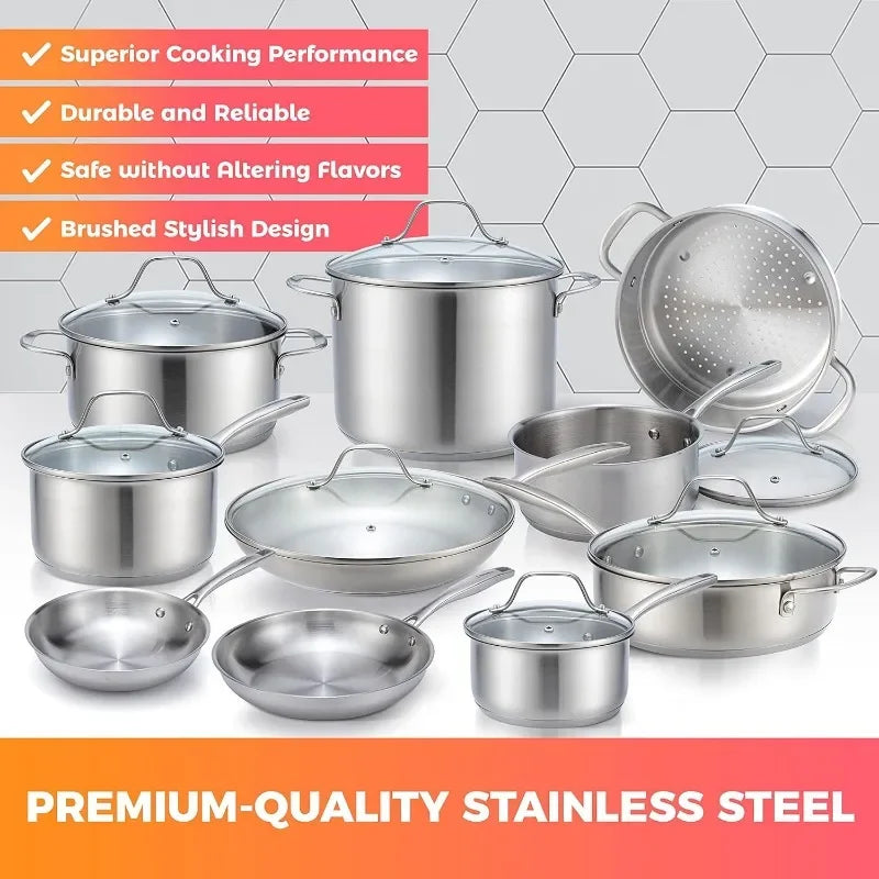 17Pc Stainless Steel Cookware Set - Ergonomic