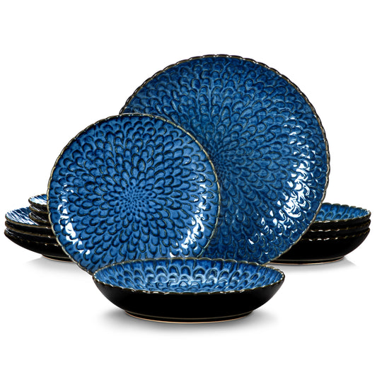 12/24Pc Fine Stoneware Textured Ceramic Dinnerware Set (Blue)