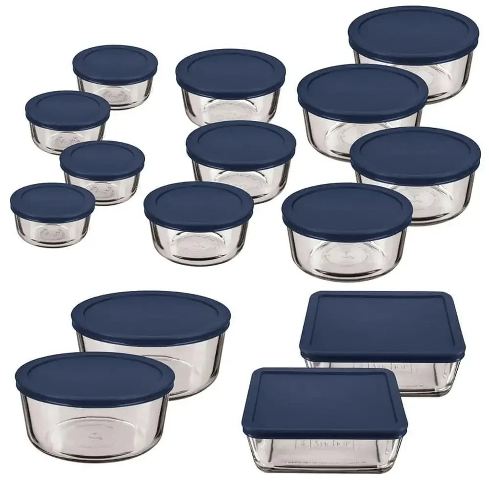 30-Pc Glass Food Storage Containers with Navy Lids -  Microwave, Freezer, Dishwasher Safe.