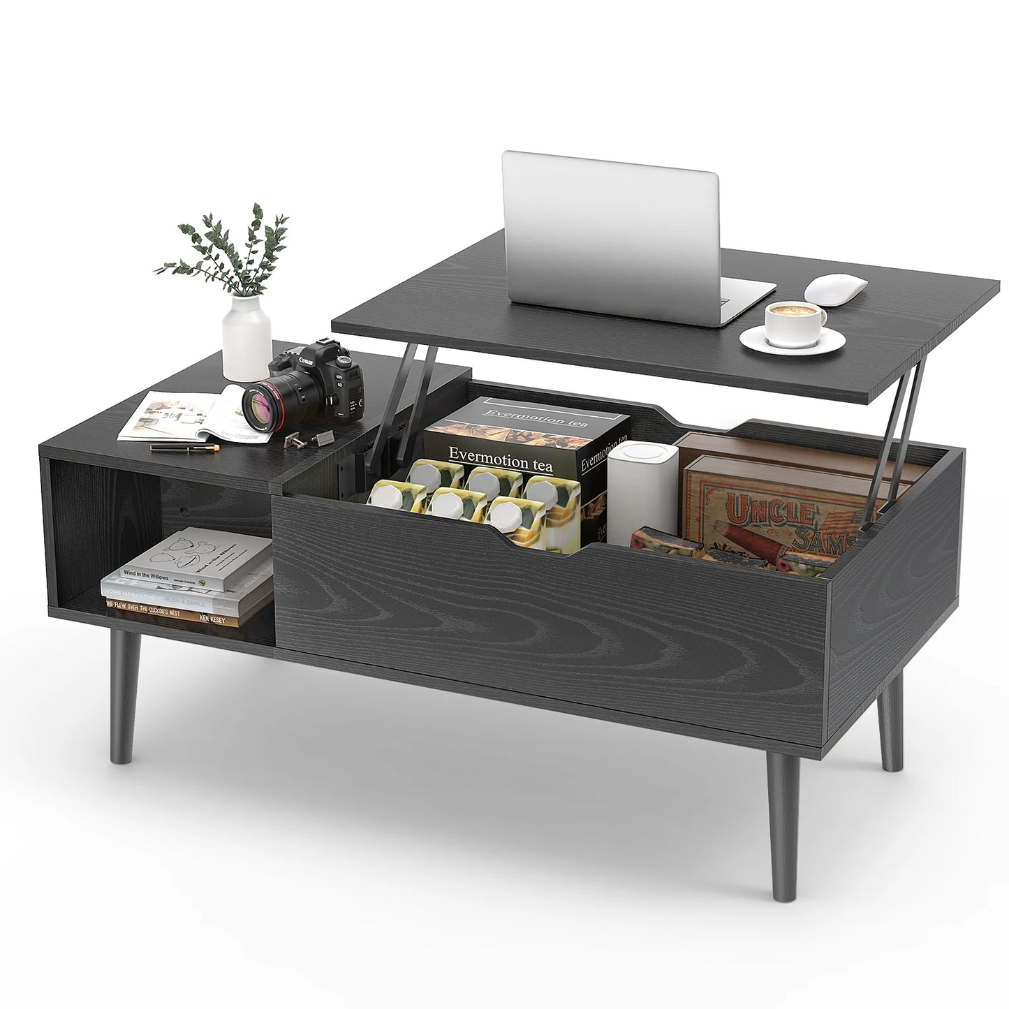 Living Room Lift-Top Coffee Table w/Adjustable Storage Shelf  (Black, Chocolate).