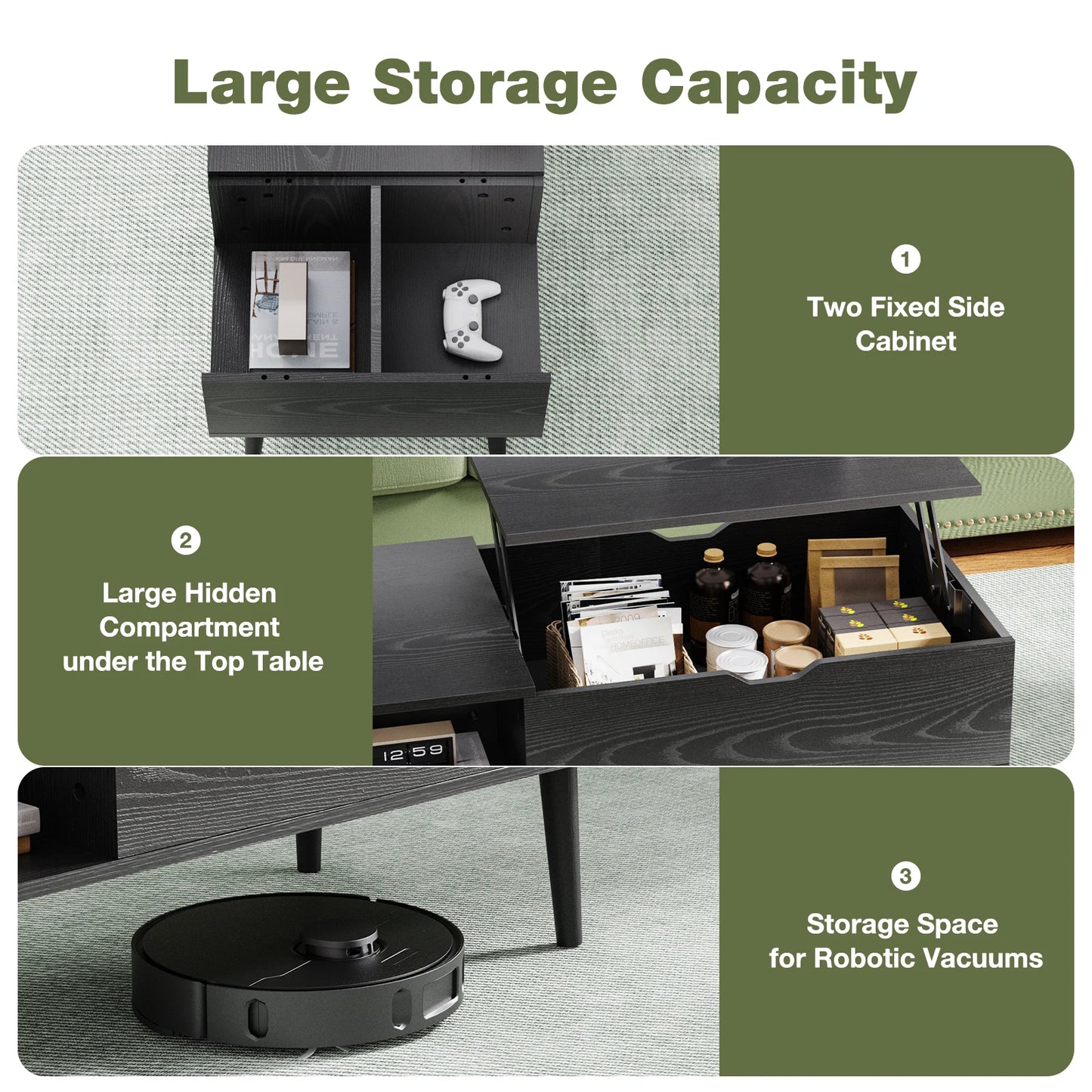 Living Room Lift-Top Coffee Table w/Adjustable Storage Shelf  (Black, Chocolate).