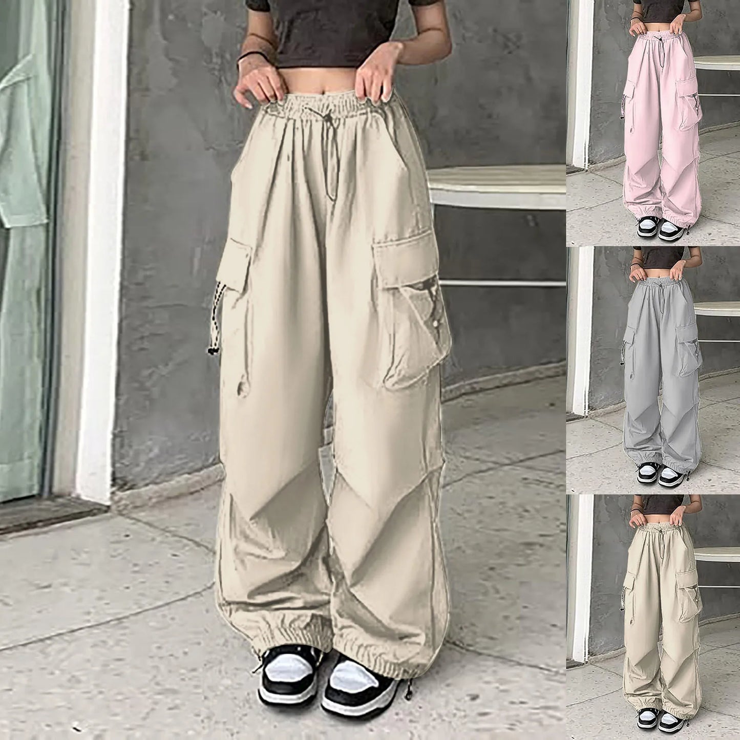 Women Loose Cargo Baggy Pants. High Waisted w/Drawstring (x3 Colors)