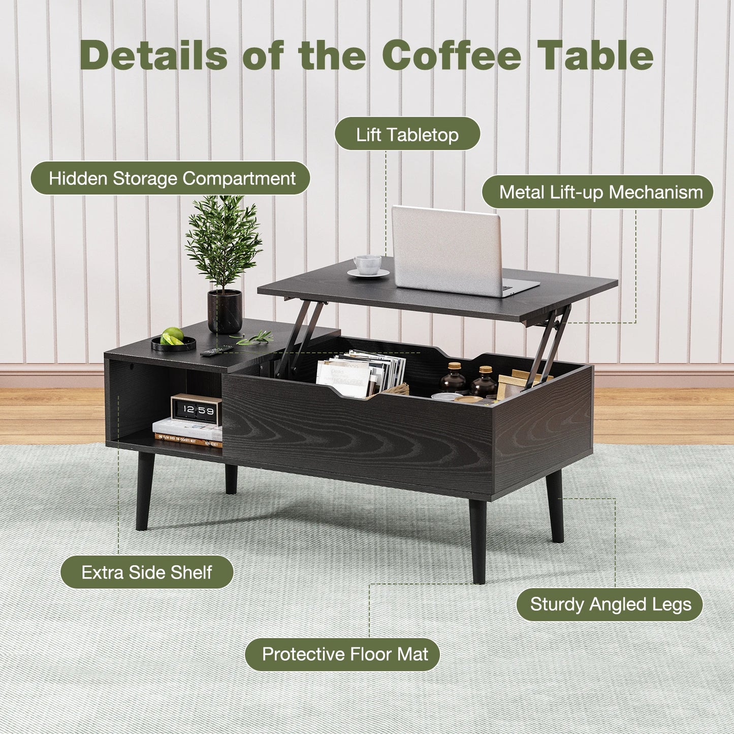 Living Room Lift-Top Coffee Table w/Adjustable Storage Shelf  (Black, Chocolate).