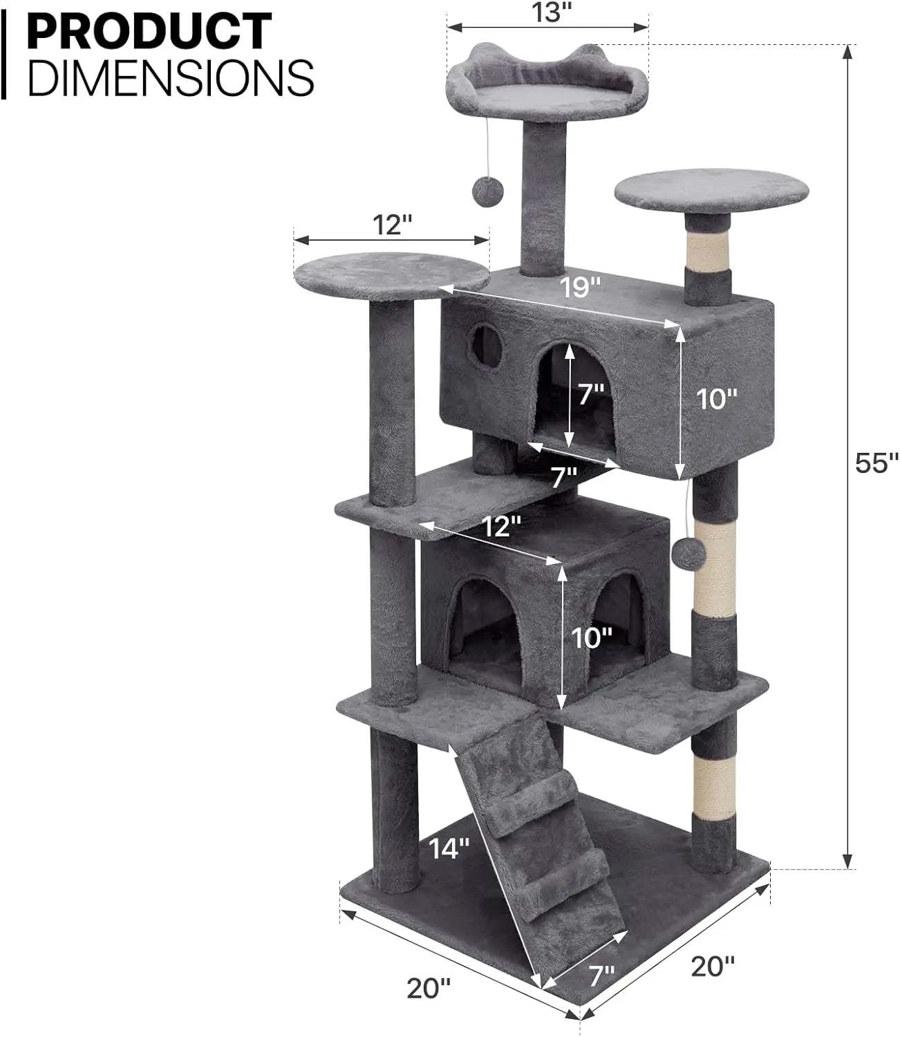 54" Multi-Level Cat Tower, 2 Condo's w/Scratching Post, Ladder (x4 Colors)