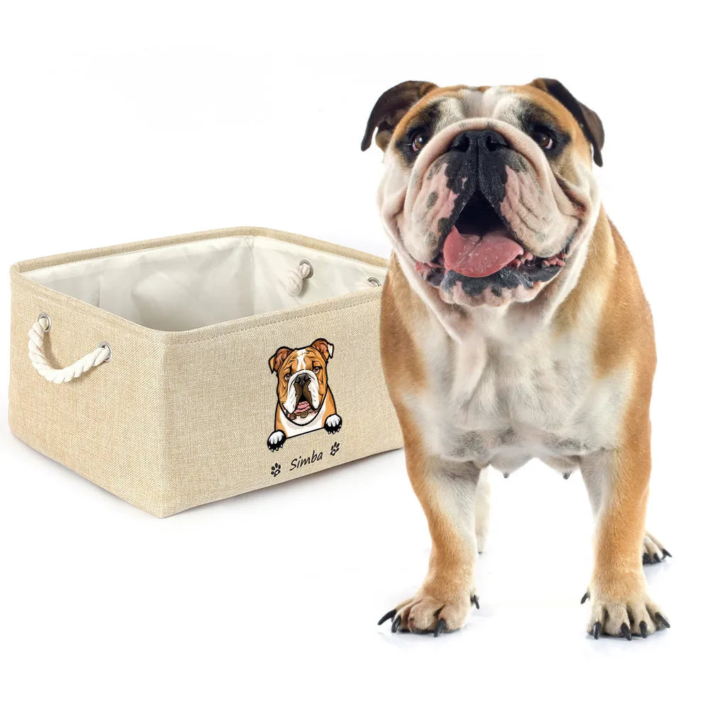 Personalized Dog/Cat Toy Organizer Basket w/Printed Dog/Cat Image + Name (Cream, Gray)