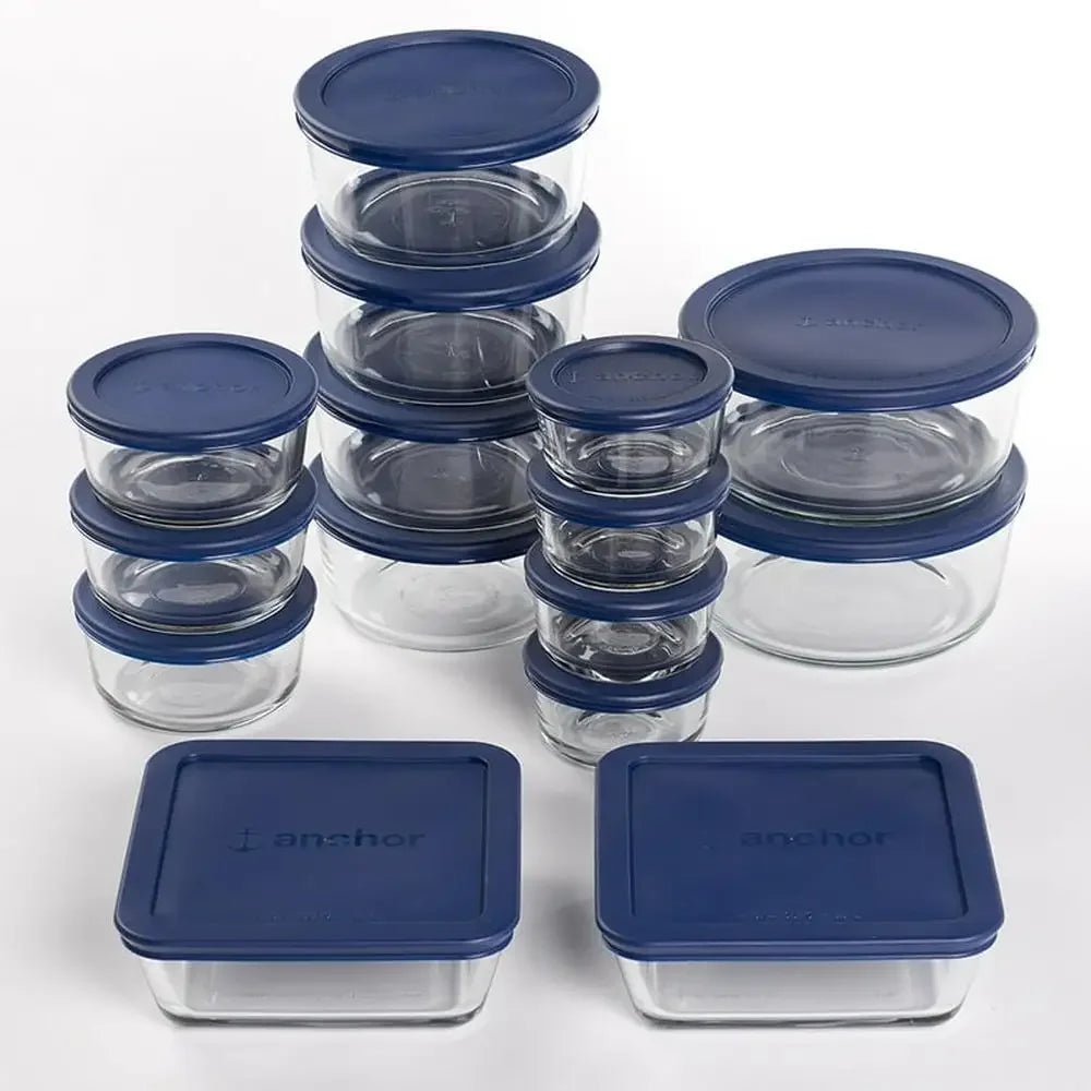 30-Pc Glass Food Storage Containers with Navy Lids -  Microwave, Freezer, Dishwasher Safe.