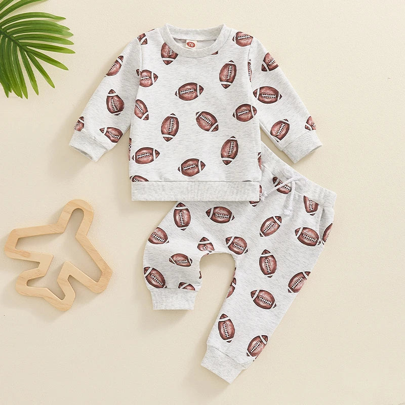 Baby Boy FOOTBALL Print Sweatshirt + Drawstring w/Pockets Pants Set. (0-6M to 3T)