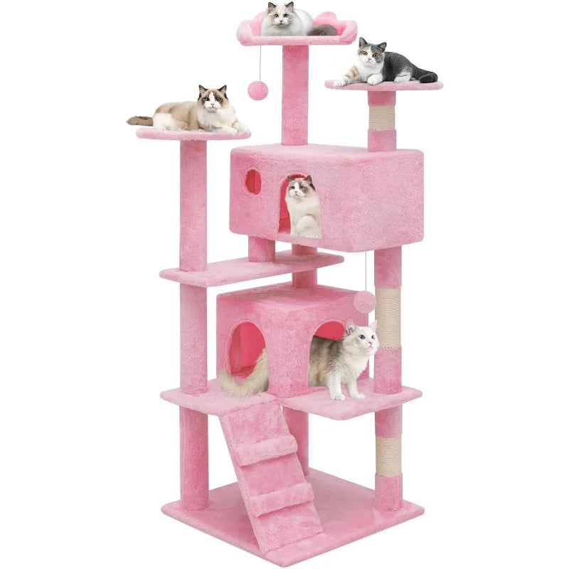 54" Multi-Level Cat Tower, 2 Condo's w/Scratching Post, Ladder (x4 Colors)