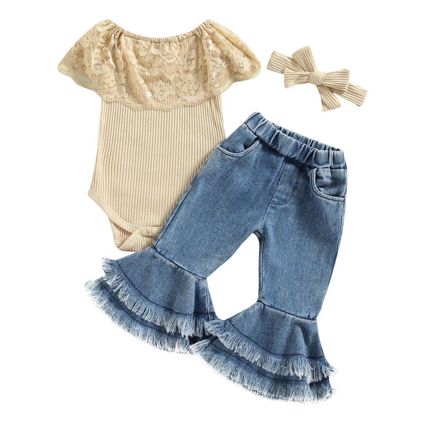 Baby Girls 3Pc Ribbed w/Lace Romper + Flare Pants + Headband Set
