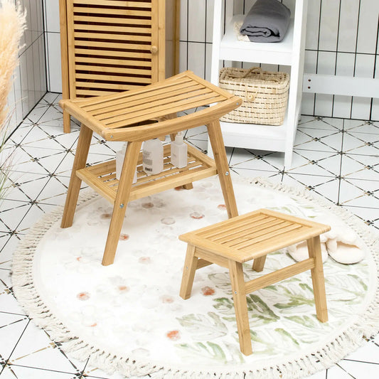 2Pc Bamboo Shower Seat w/Underneath Shelf and Foot Stool