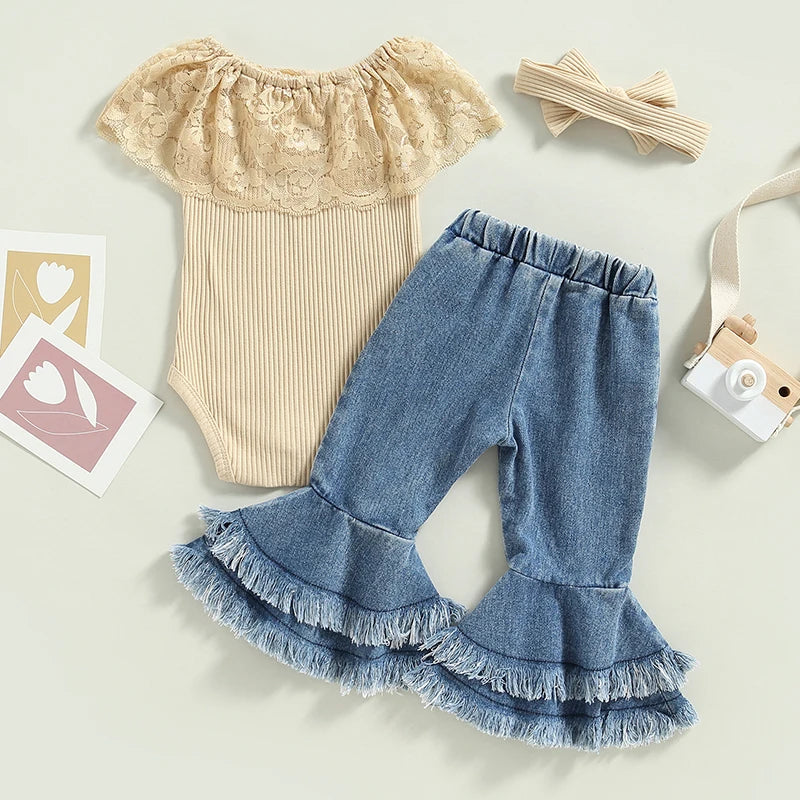 Baby Girls 3Pc Ribbed w/Lace Romper + Flare Pants + Headband Set