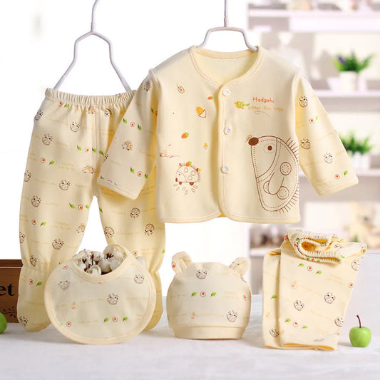 0-3M Newborn 5Pc Boy/Girl Hedgehog/Cartoon Print Set [Top+x2Pants+Hat+Bib], Yellow, Pink, Blue +