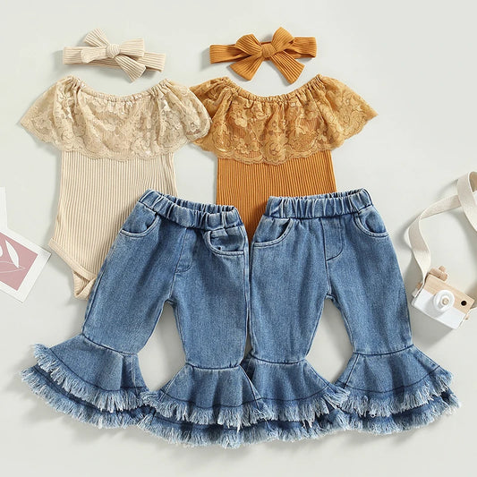Baby Girls 3Pc Ribbed w/Lace Romper + Flare Pants + Headband Set