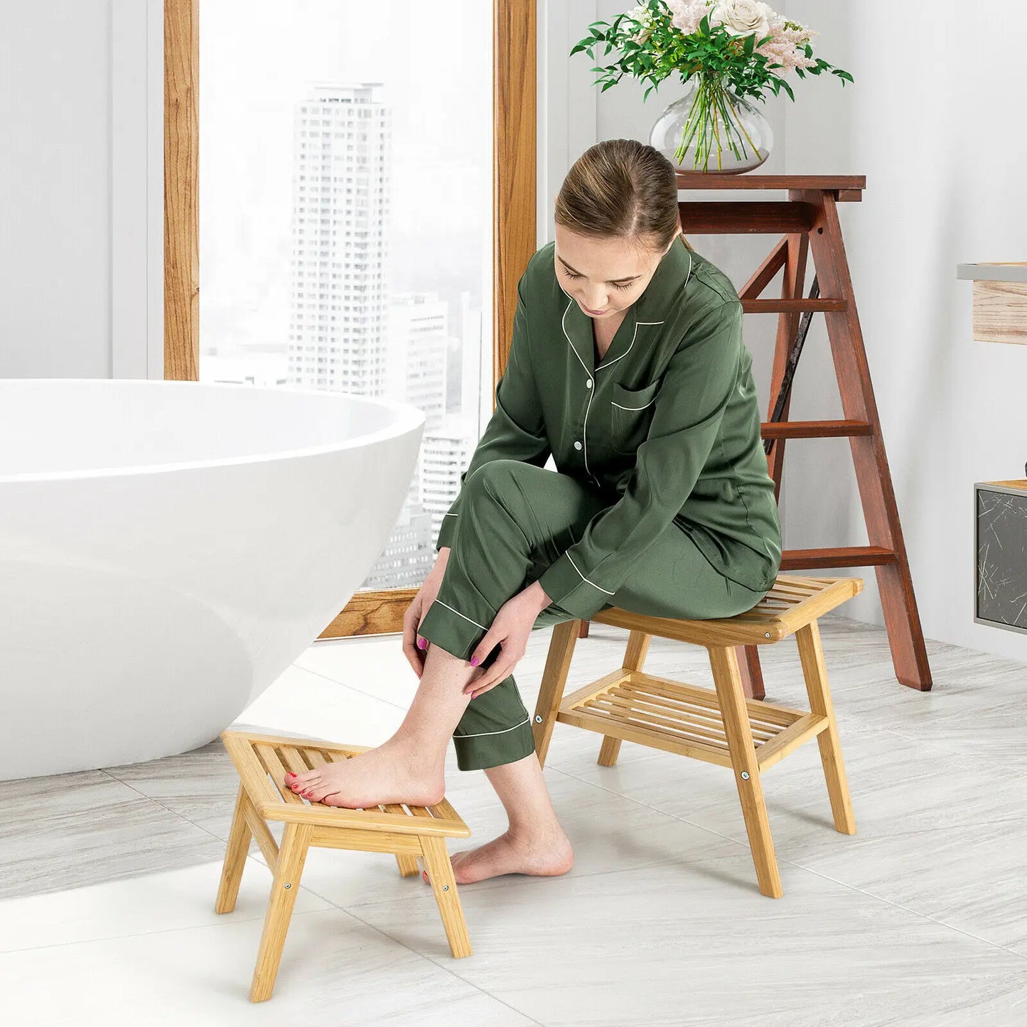 2Pc Bamboo Shower Seat w/Underneath Shelf and Foot Stool