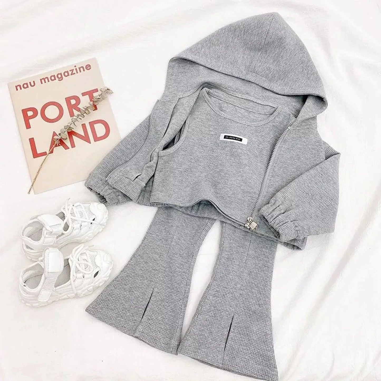 12M-8Y Girls 3Pc Set - Hoodie, Tank Top, Flare Pants - Gray.