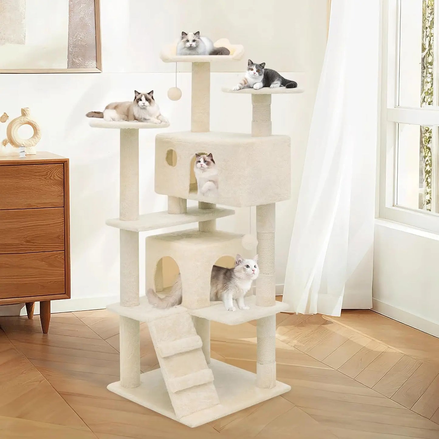 54" Multi-Level Cat Tower, 2 Condo's w/Scratching Post, Ladder (x4 Colors)