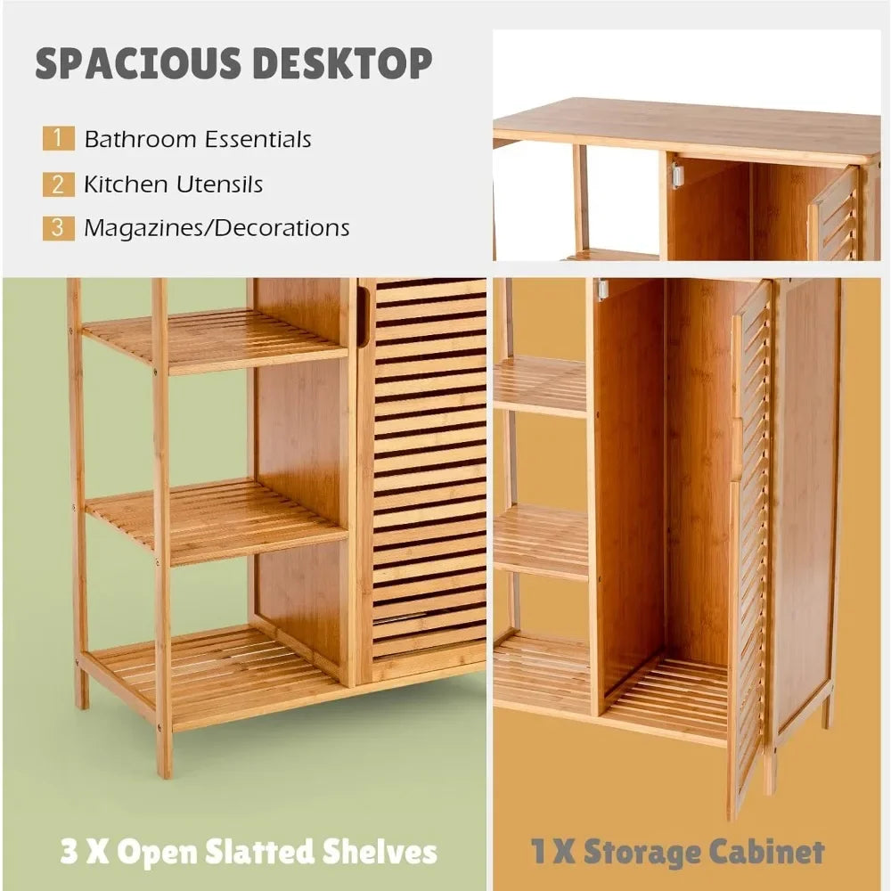 Freestanding Bamboo Bathroom Storage Cabinet w/Door & 3-Tier Open Shelves.