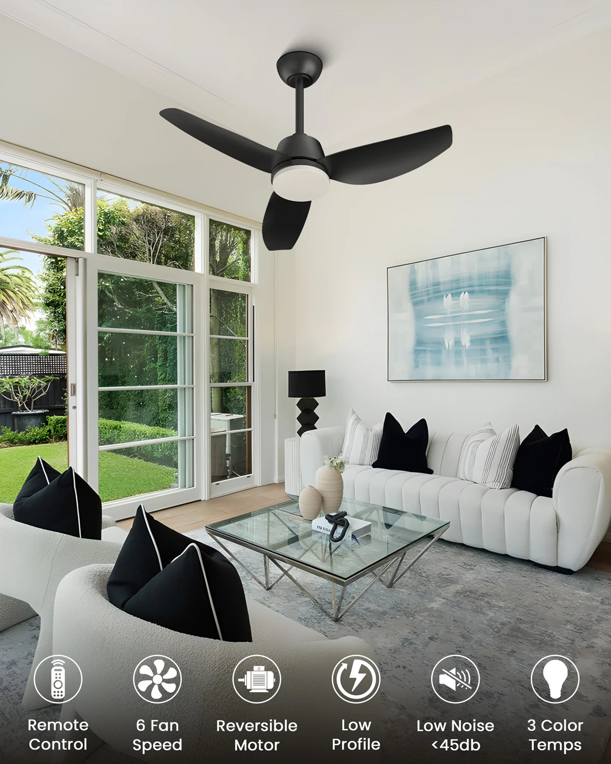 3 Blade 40" Low Profile Ceiling Fan w/ Light & Remote, 6-Speed