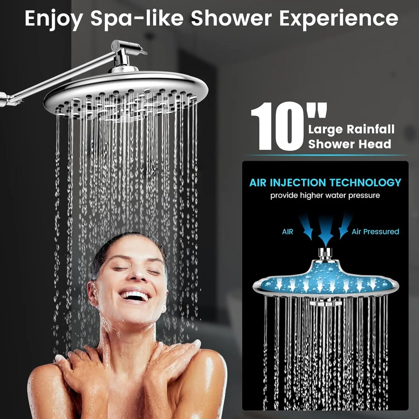 10" High Pressure Rainfall Shower Head w/Handheld Spray, 16-Spray Settings.