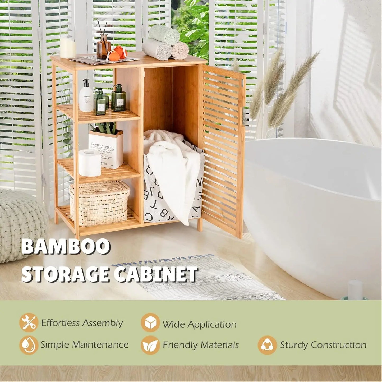 Freestanding Bamboo Bathroom Storage Cabinet w/Door & 3-Tier Open Shelves.