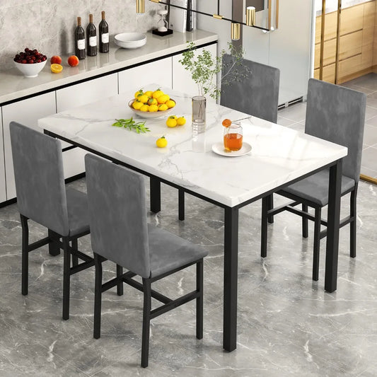 2024 New 5-Pc Faux Marble Tabletop with 4 Velvet Chairs