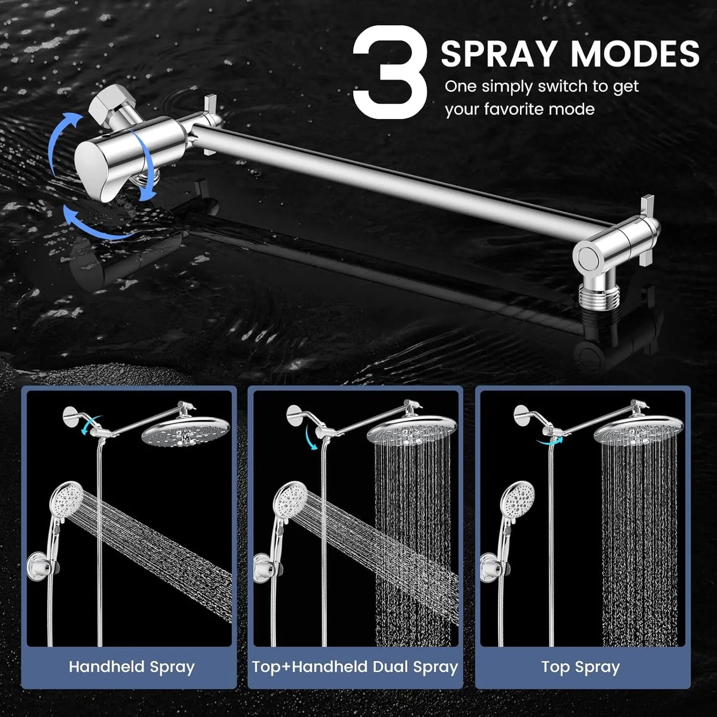 10" High Pressure Rainfall Shower Head w/Handheld Spray, 16-Spray Settings.