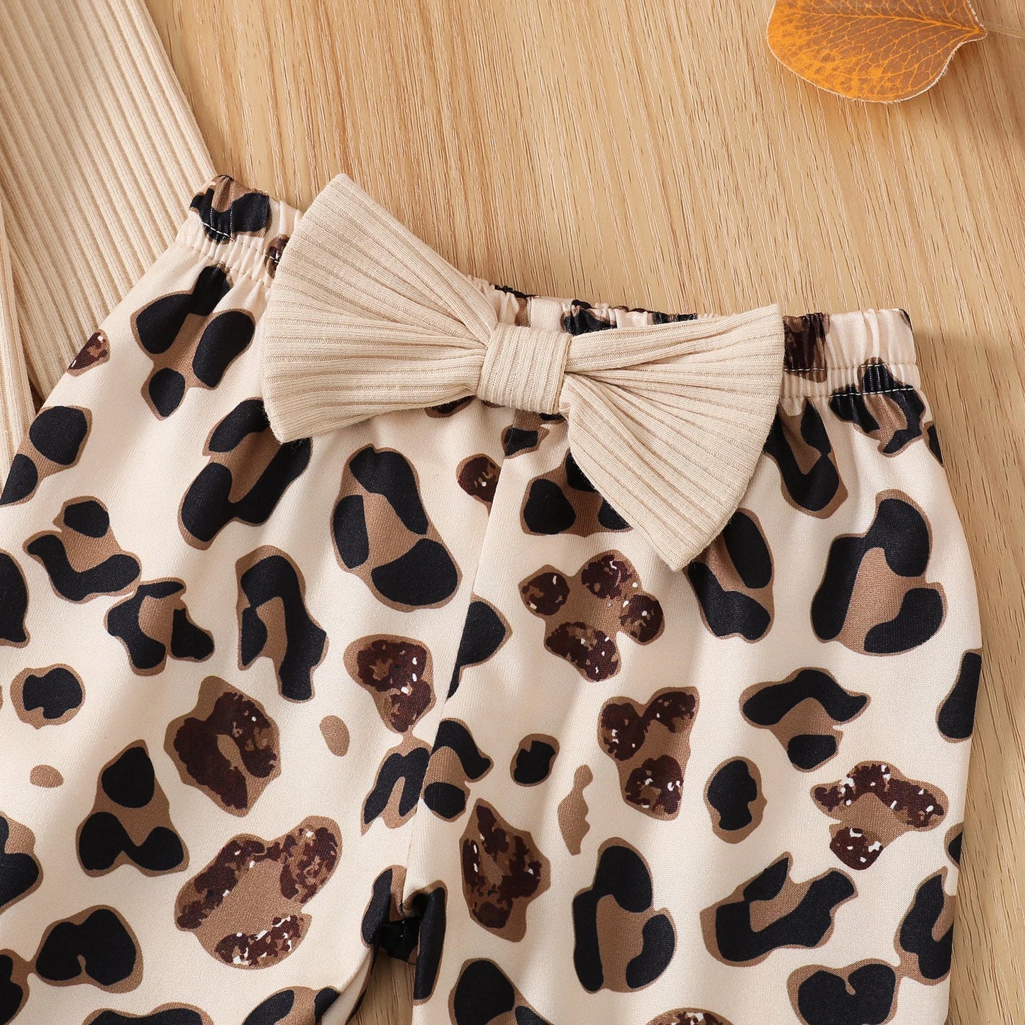 0M-12M Baby Girls Ribbed Ruffle Romper + Leopard/Cow Print Flare Pants