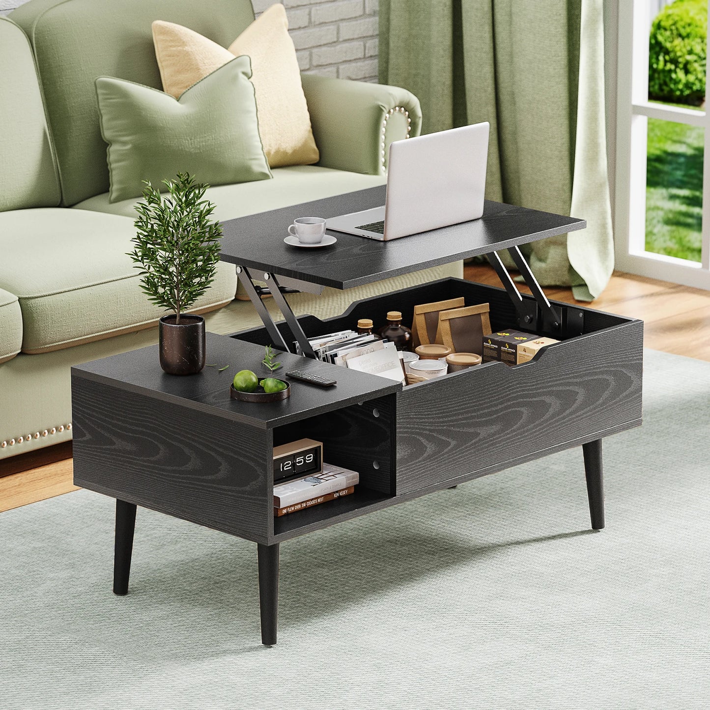 Living Room Lift-Top Coffee Table w/Adjustable Storage Shelf  (Black, Chocolate).