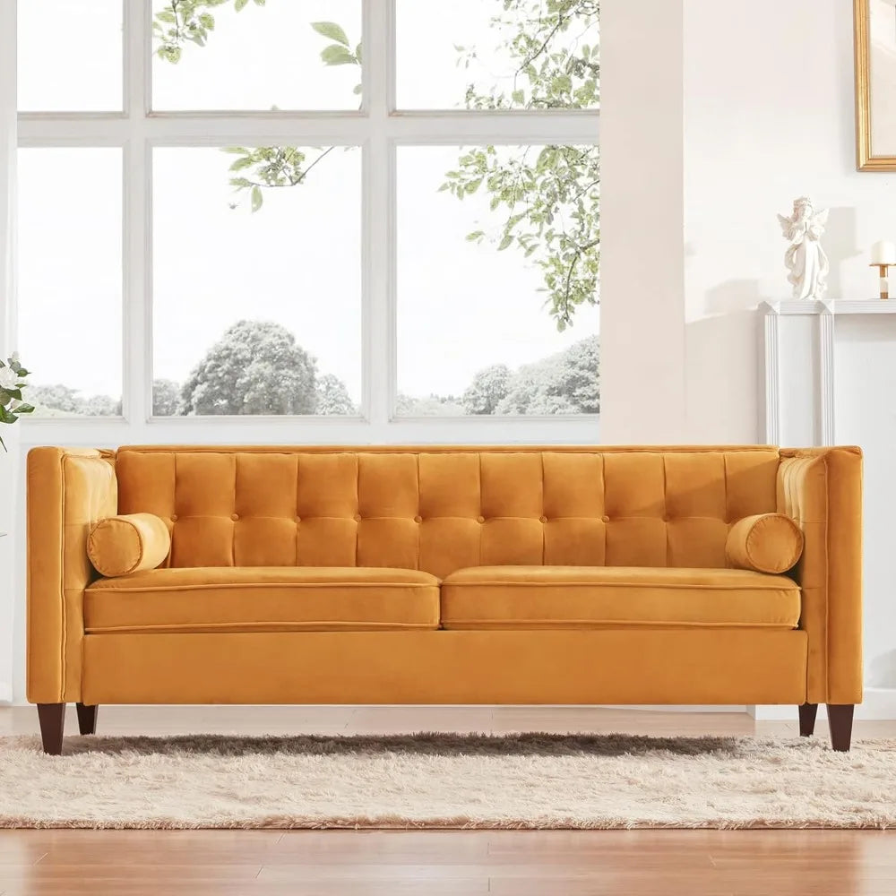 Mid-Century Modern Velvet Button Tufted Loveseat Sofa w/Bolster Pillows (x3 Colors).