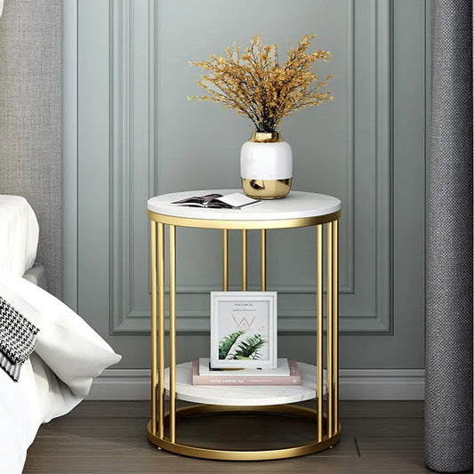 2-Tier White Faux Marble End Table w/Golden Metal Legs