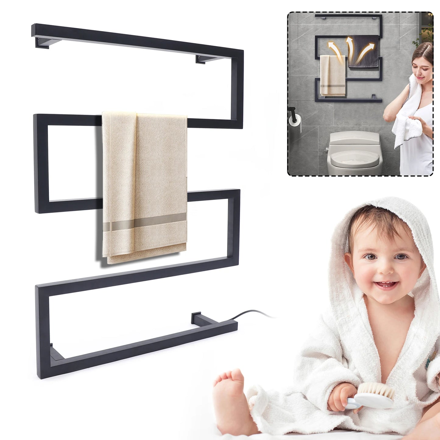 Modern S-Shaped Electric Heated Towel Rack, Matte Black