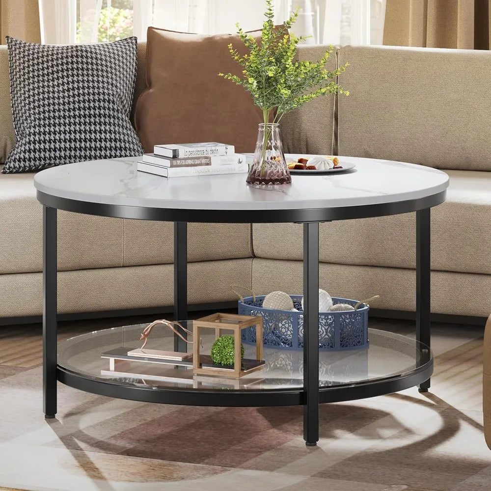 Modern 2-Tier Round Faux Marble Coffee Table w/Glass, Gold, Black