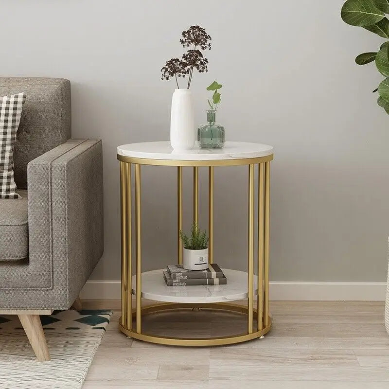 2-Tier White Faux Marble End Table w/Golden Metal Legs