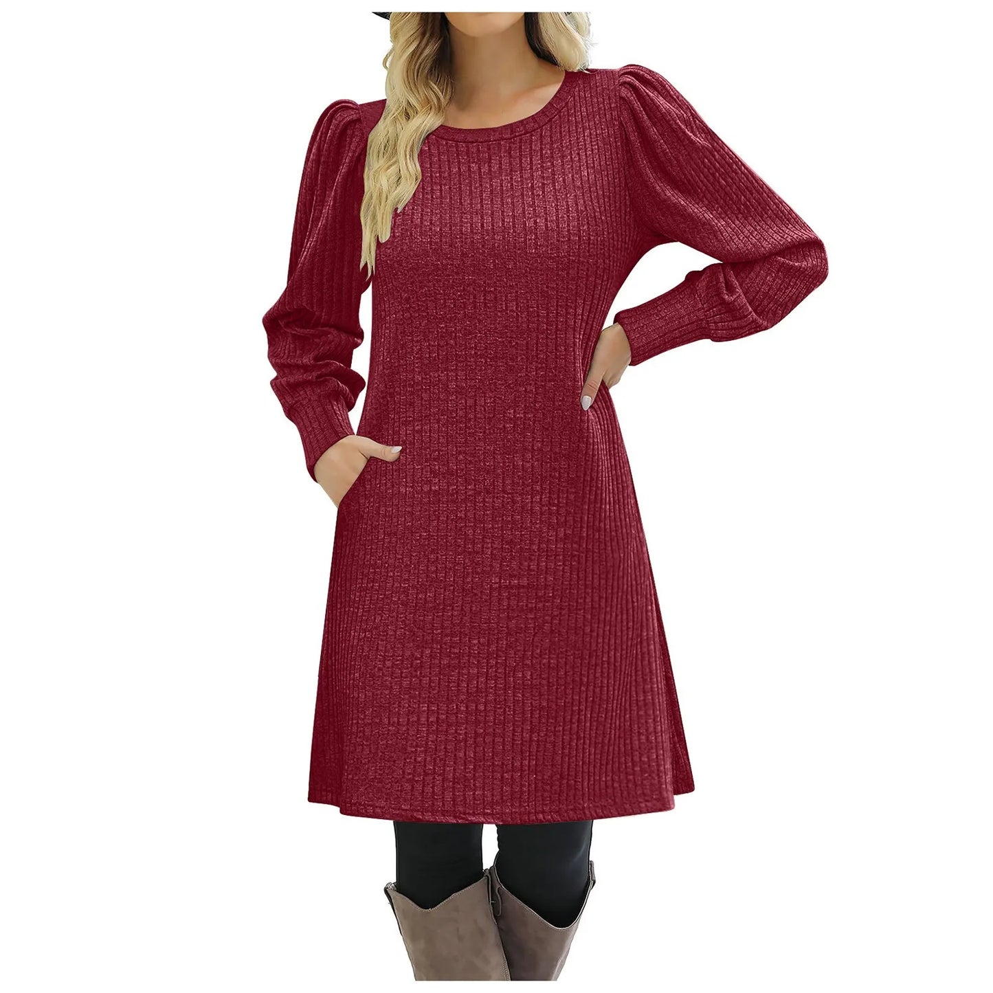 Womens' Ribbed Knit Tunic Sweater Dress w/Pockets & Side Slit (x7 Colors)