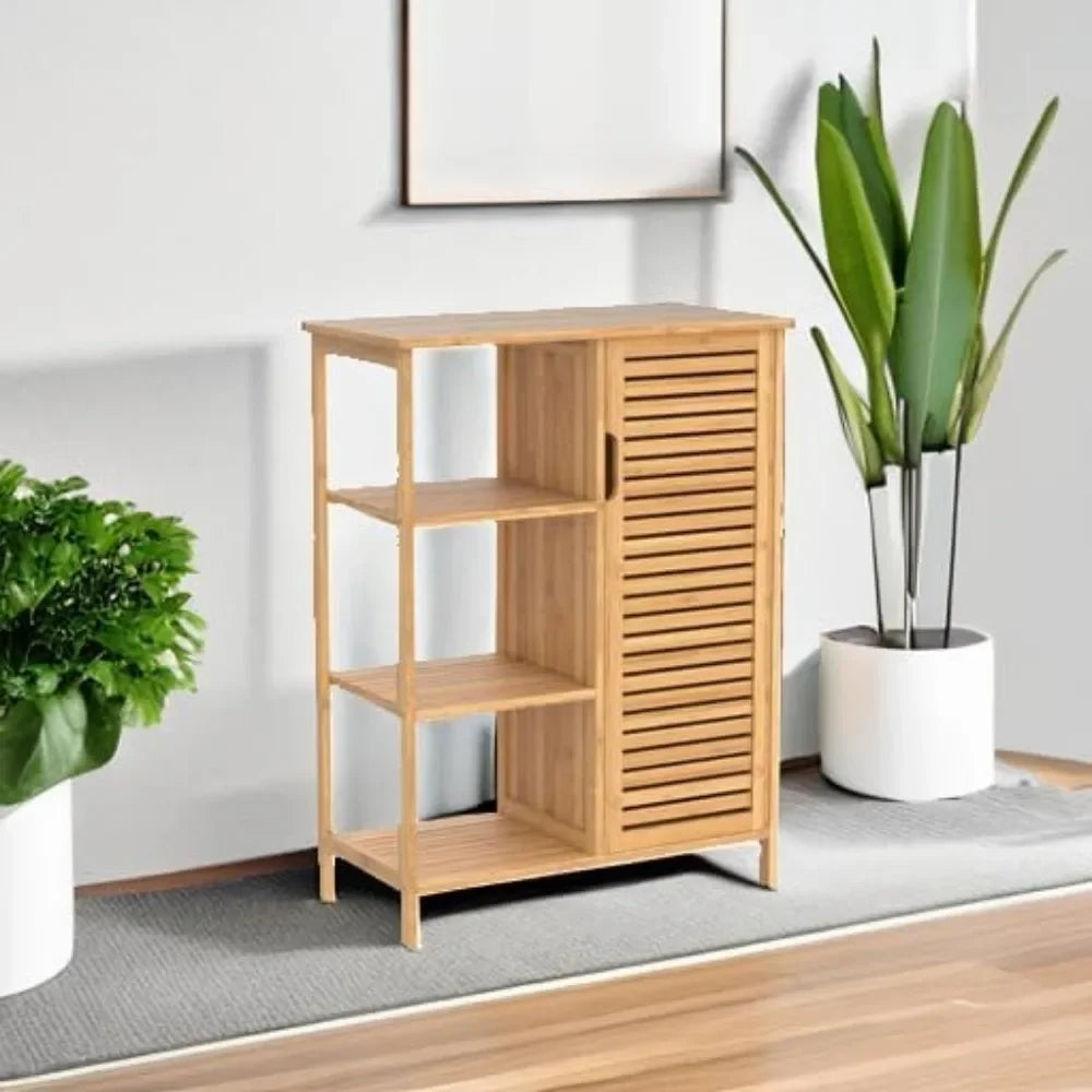 Freestanding Bamboo Bathroom Storage Cabinet w/Door & 3-Tier Open Shelves.