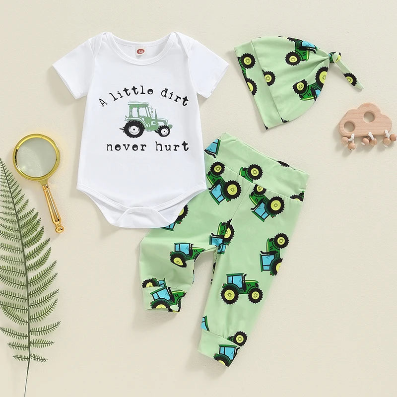 3Pc Newborn Baby Boy Tractor Print Set, Romper/Pants/Hat (0-3M to 18M)