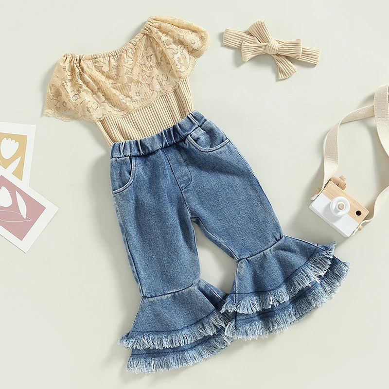 Baby Girls 3Pc Ribbed w/Lace Romper + Flare Pants + Headband Set