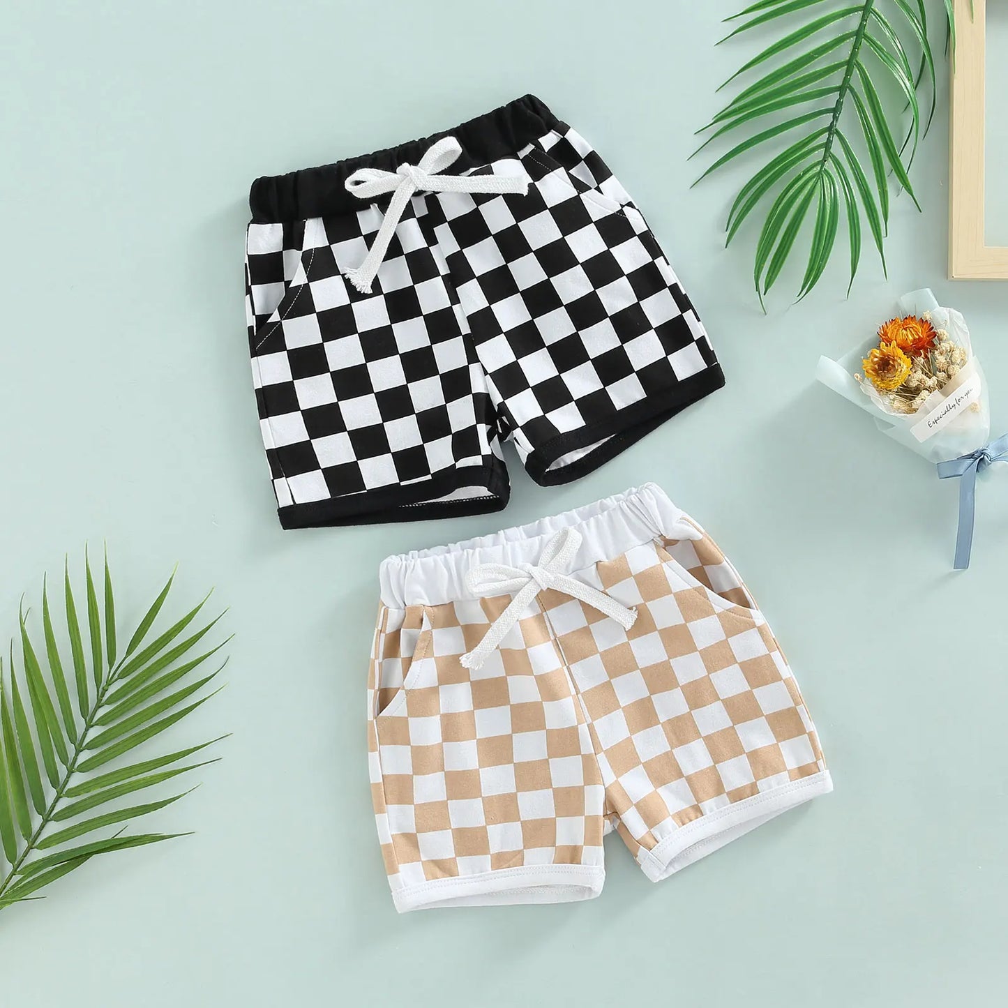 6M - 3T Toddler Boys Shorts with Checkerboard Elastic Waist Drawstring