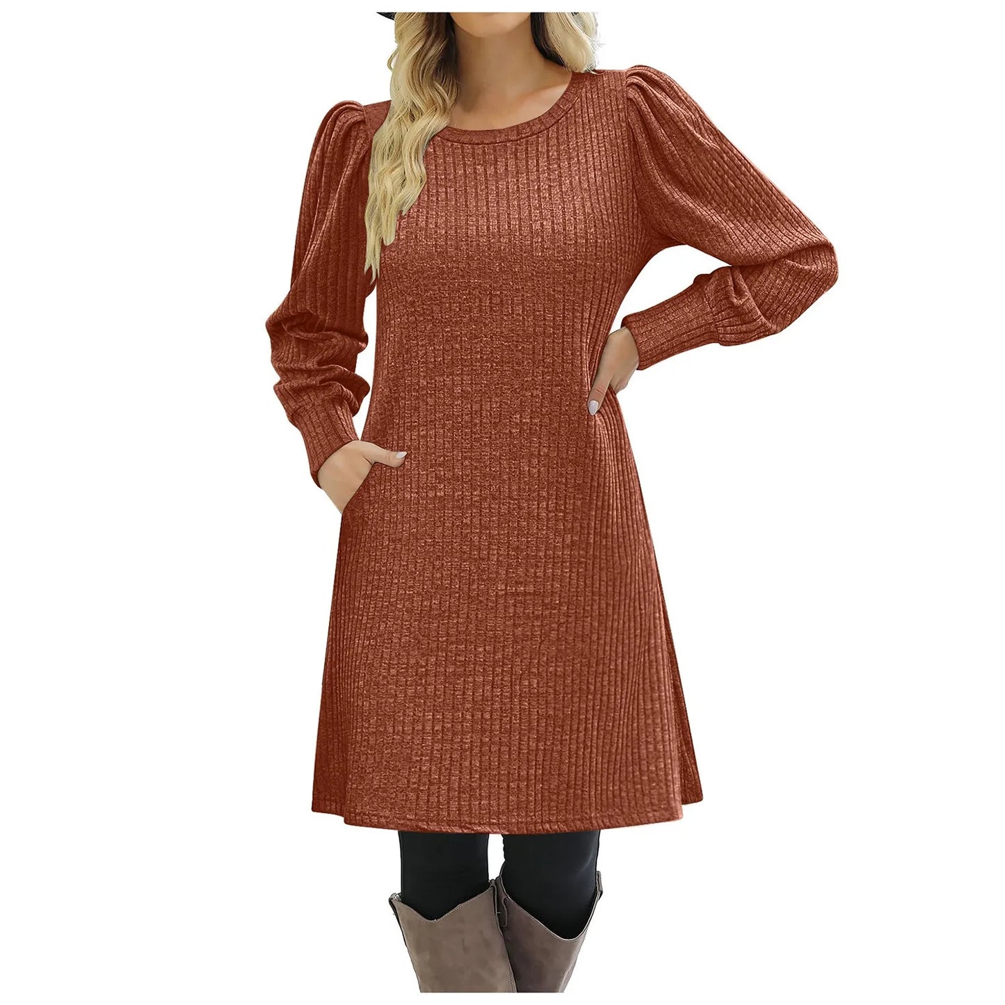 Womens' Ribbed Knit Tunic Sweater Dress w/Pockets & Side Slit (x7 Colors)