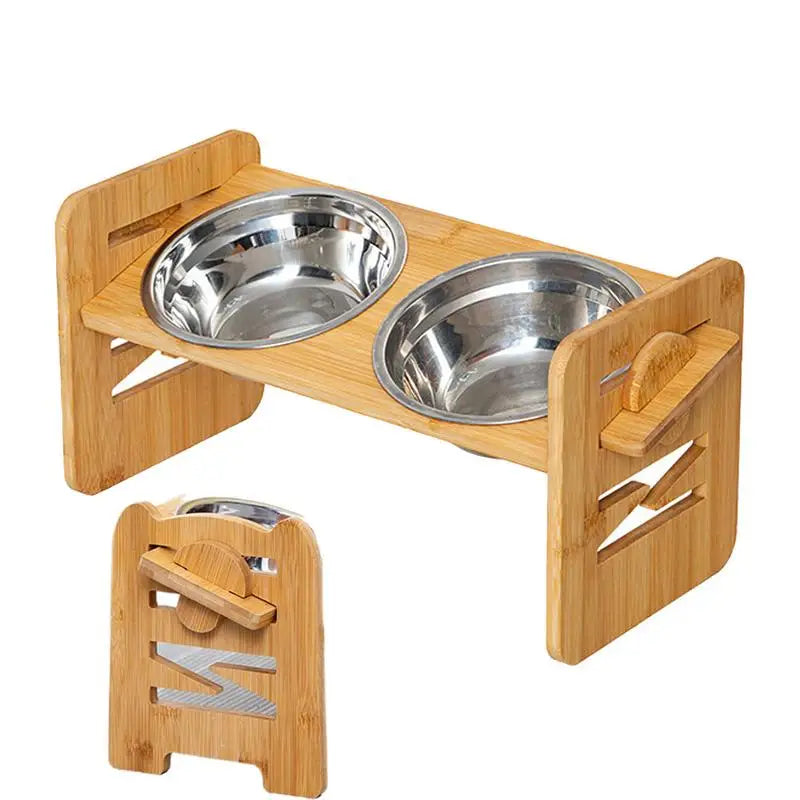 Adjustable Elevated Wood Frame with Tilted Double Stainless Steel Pet/Dog Bowls.