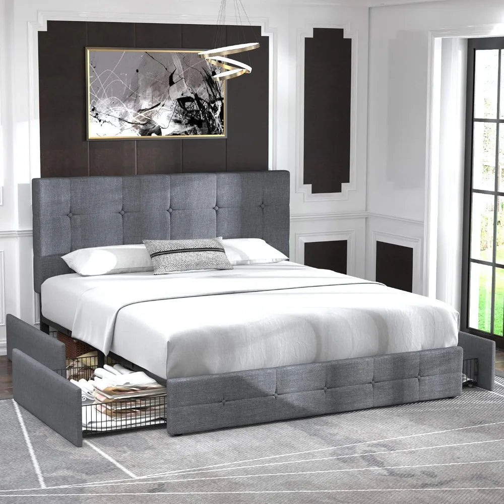 Upholstered Queen Bed Frame and Headboard with 4 Drawers & Slats