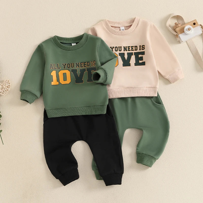 6M-3T Baby Boy 2Pc Sweatshirt + Pants Set, Letter Print (Green, Khaki)