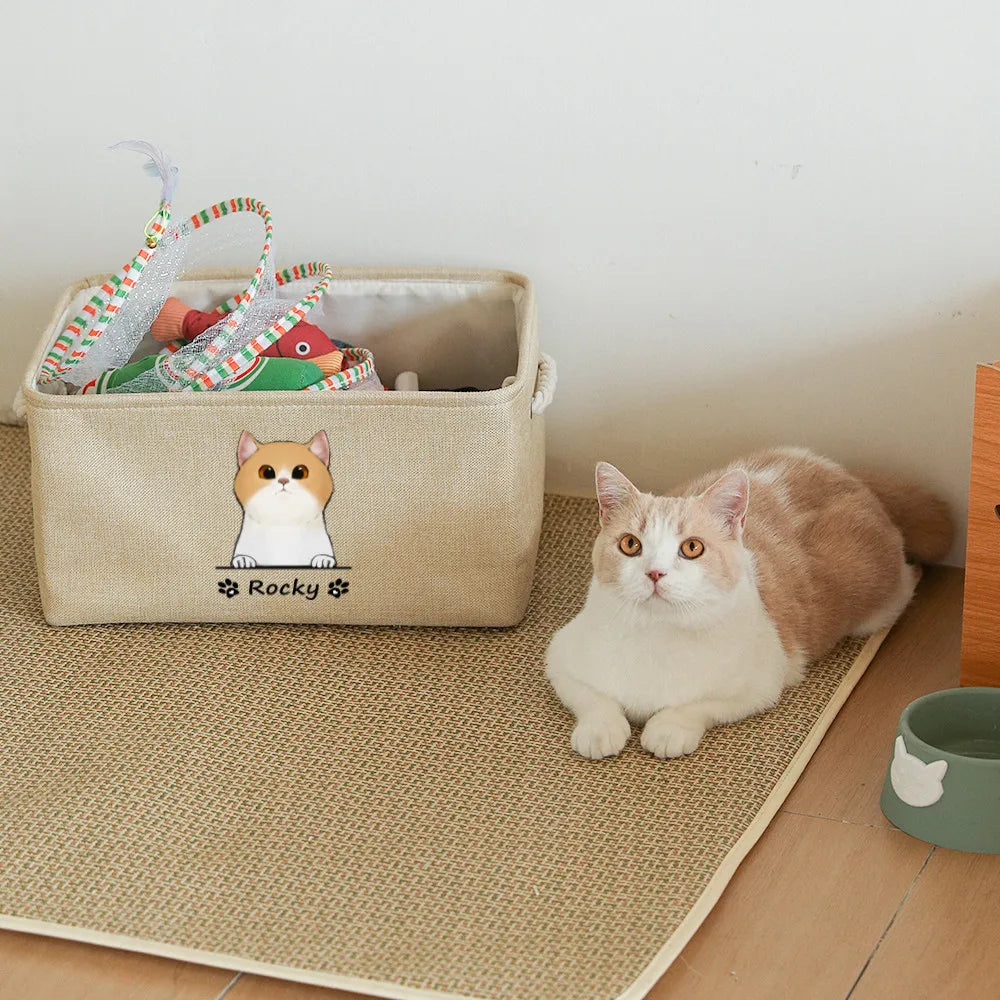 Personalized Dog/Cat Toy Organizer Basket w/Printed Dog/Cat Image + Name (Cream, Gray)