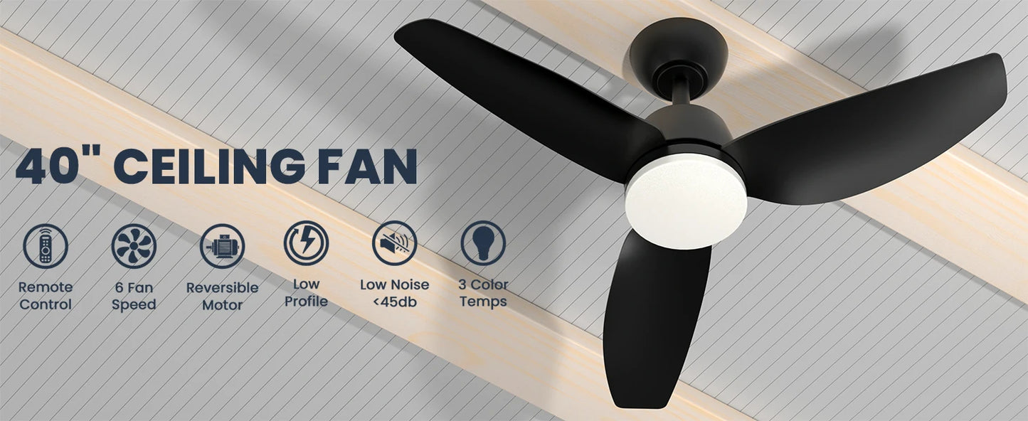 3 Blade 40" Low Profile Ceiling Fan w/ Light & Remote, 6-Speed