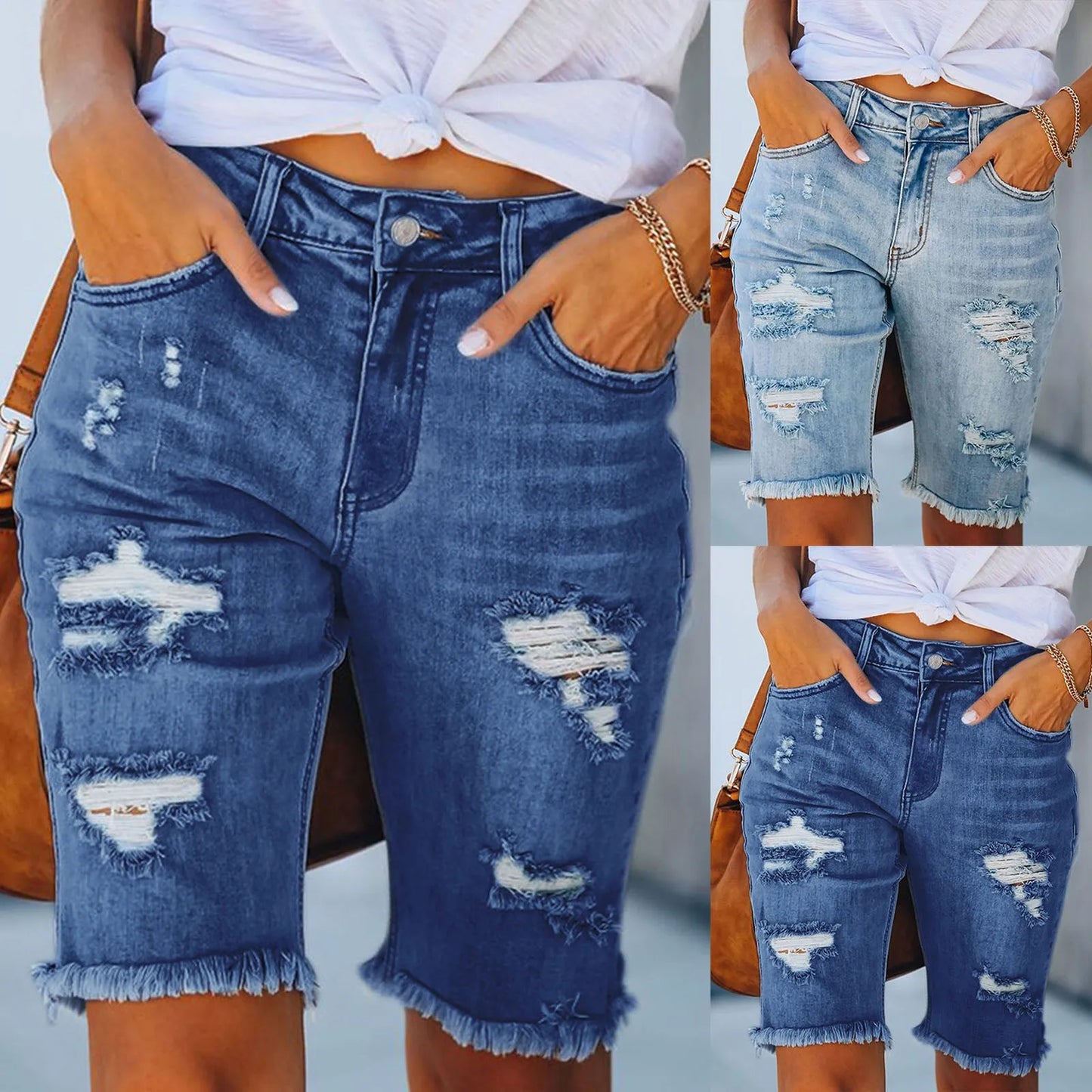 Women's Stretchy Ripped Frayed Denim Cut-offs Jeans (Blue, Light Blue)