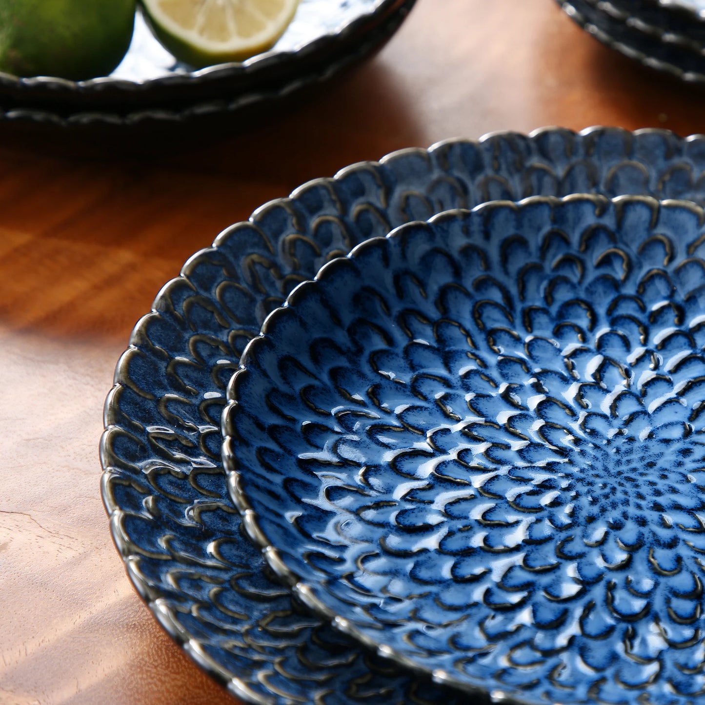 12/24Pc Fine Stoneware Textured Ceramic Dinnerware Set (Blue)