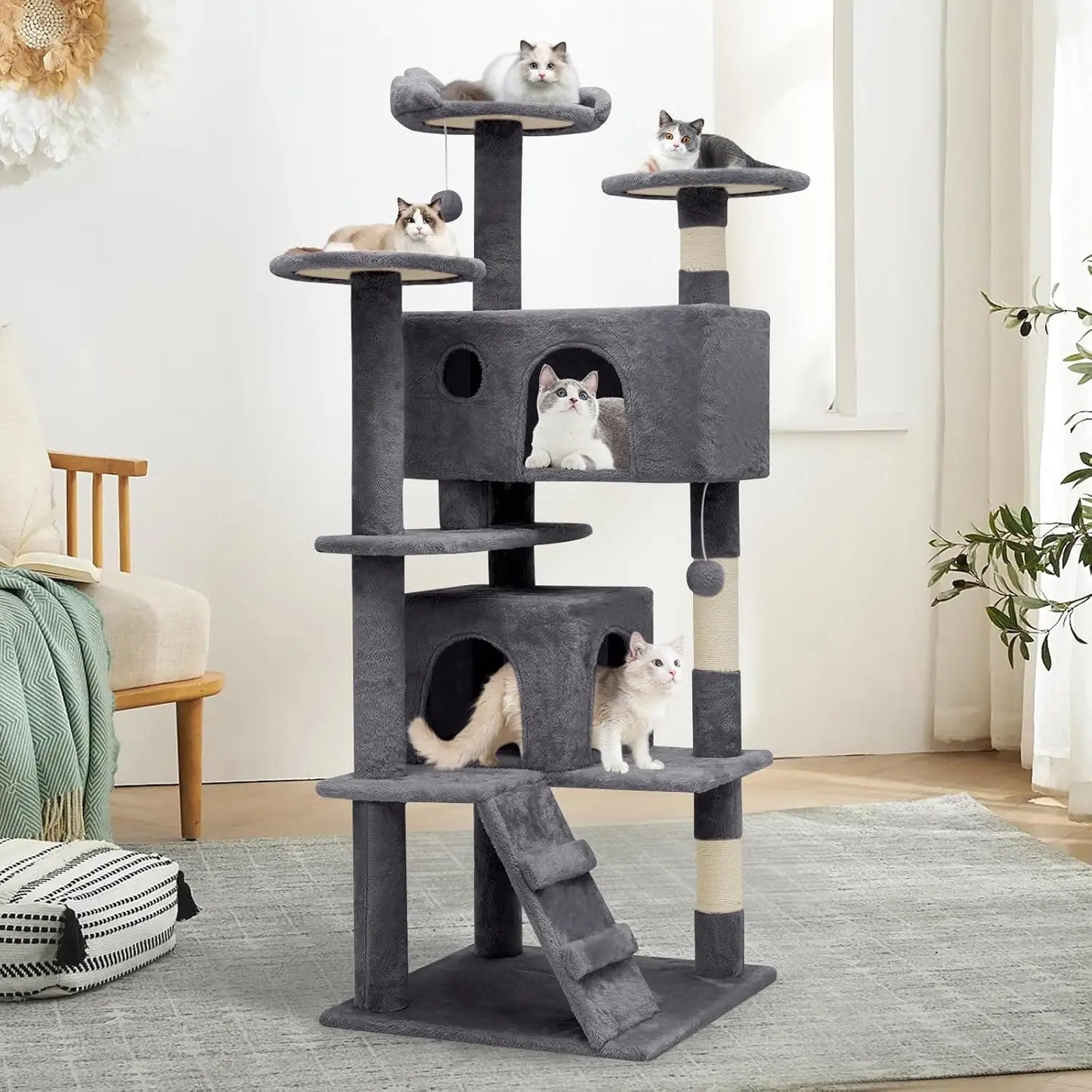 54" Multi-Level Cat Tower, 2 Condo's w/Scratching Post, Ladder (x4 Colors)