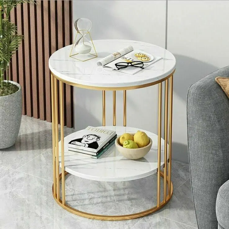 2-Tier White Faux Marble End Table w/Golden Metal Legs